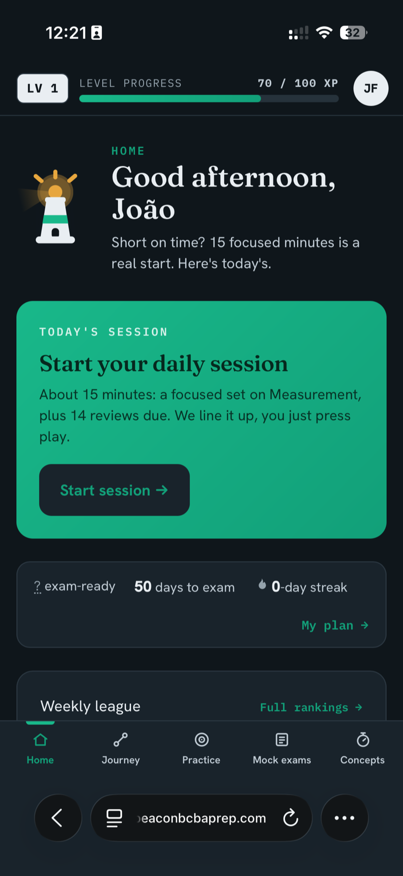 Beacon app home screen showing an exam-ready readiness signal and the days until the exam