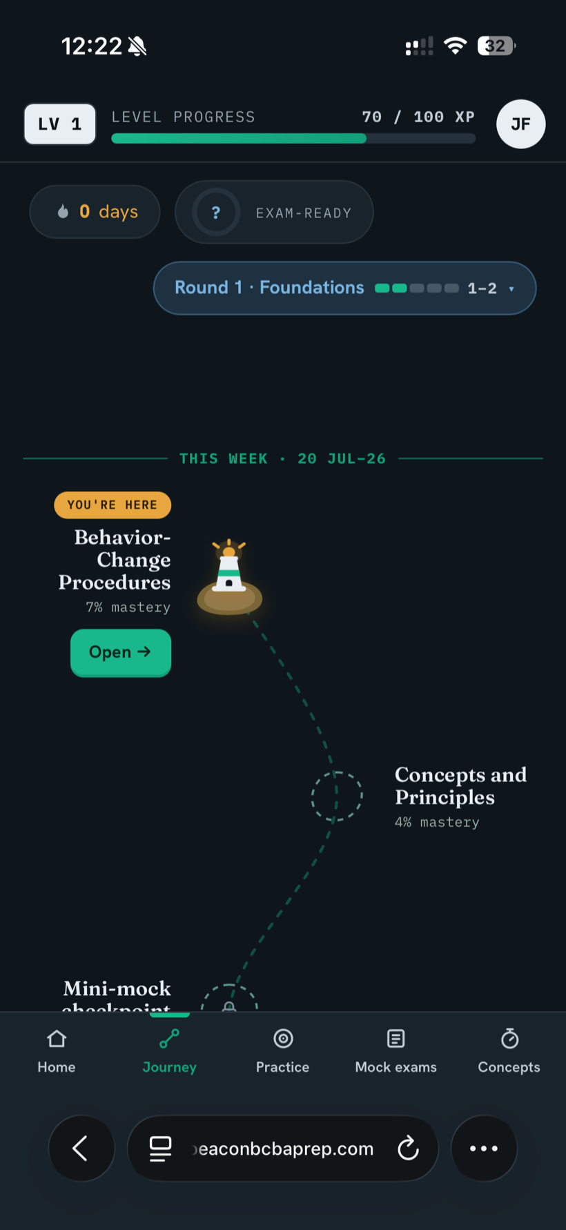 Beacon app journey screen showing an adaptive path through the domains