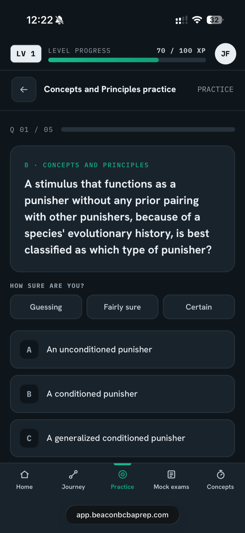 Beacon app practice screen showing a question with a confidence check